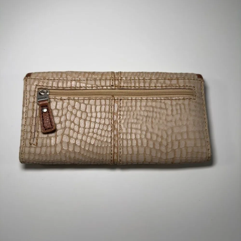 Fossil Wallet Brown Leather Snake Skin Pattern Card Holder Zipper Pockets NWOT